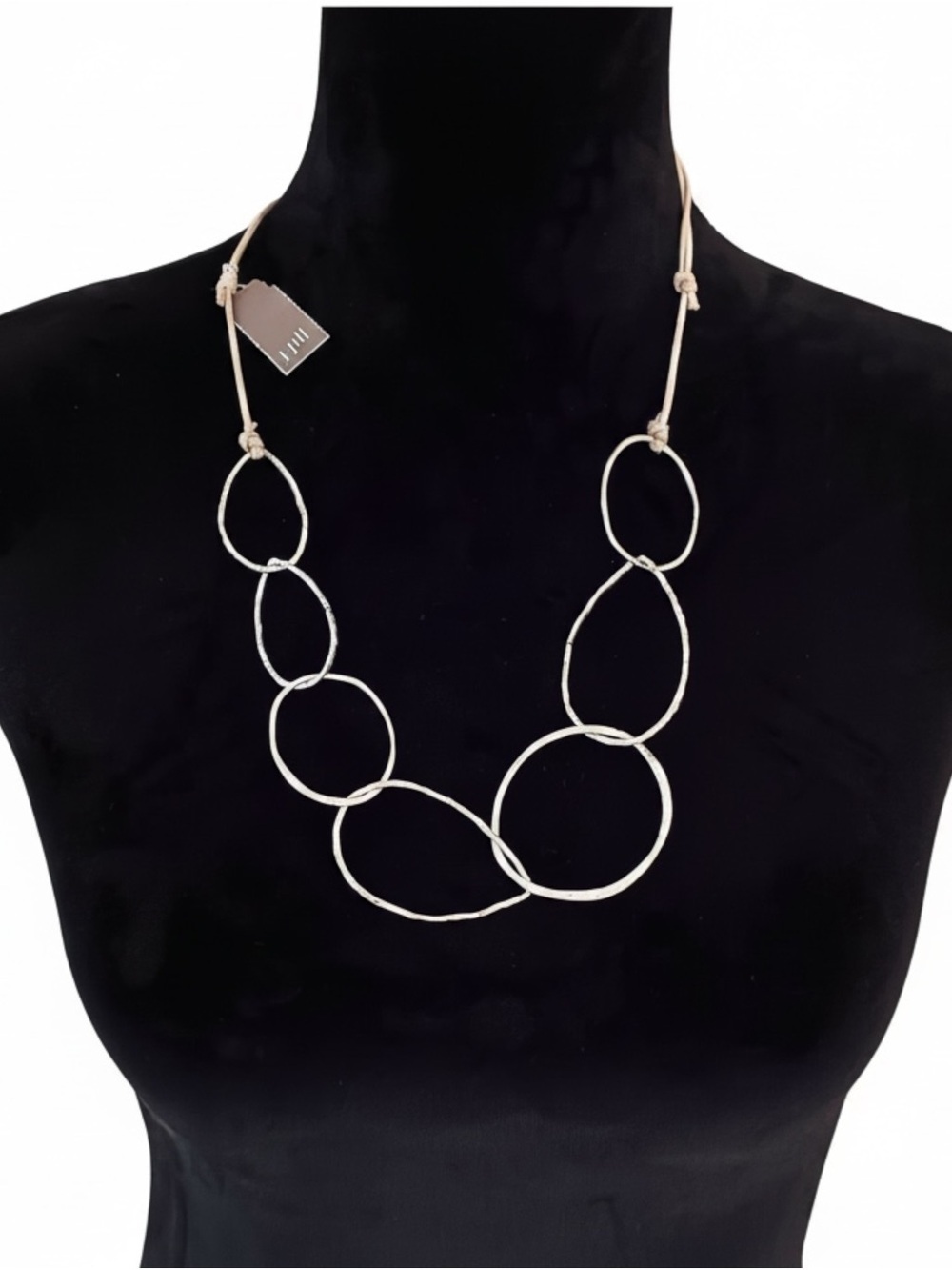 NEW NWT J. Jill Adjustable Beige Cord Necklace Rustic Metal Rings $49 Retail Tag - Picture 3 of 4